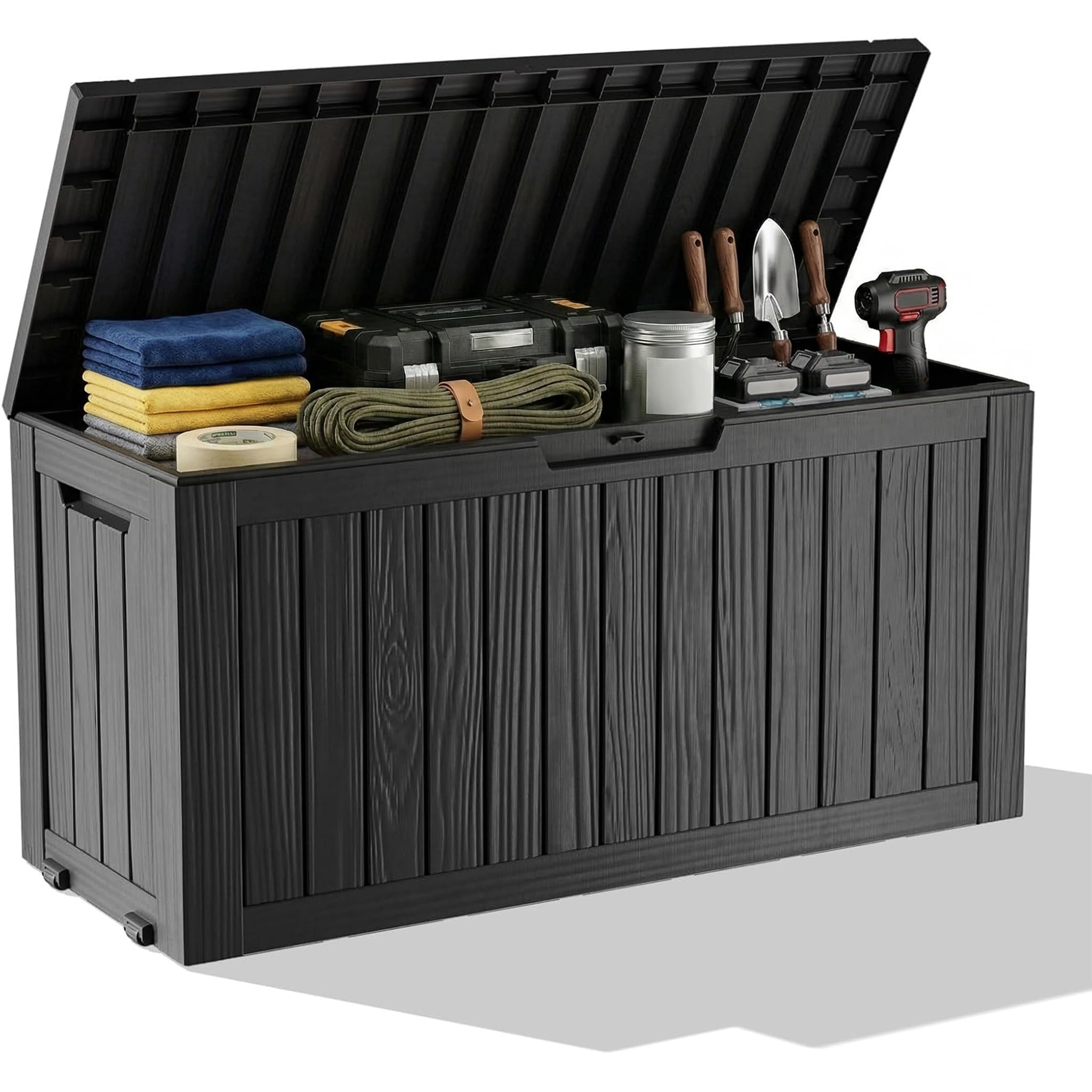 Outdoor Furniture Wood - กล่องเก็บของกลางแจ้งกันน้ำทำจากเรซิน พร้อมกุญแจล็อค ทนทานต่อรังสียูวี ใช้เป็นม้านั่งกลางแจ้ง เฟอร์นิเจอร์สำหรับลานบ้าน ระเบียง