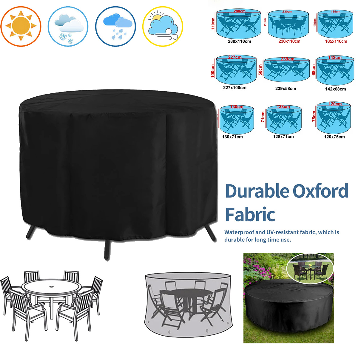 Outdoor Furniture Sunbrella - ผ้าคลุมเฟอร์นิเจอร์ทรงกลมสำหรับกลางแจ้ง ผ้าคลุมกันน้ำแบบ Oxford ป้องกันเฟอร์นิเจอร์จากฝน หิมะ และฝุ่น