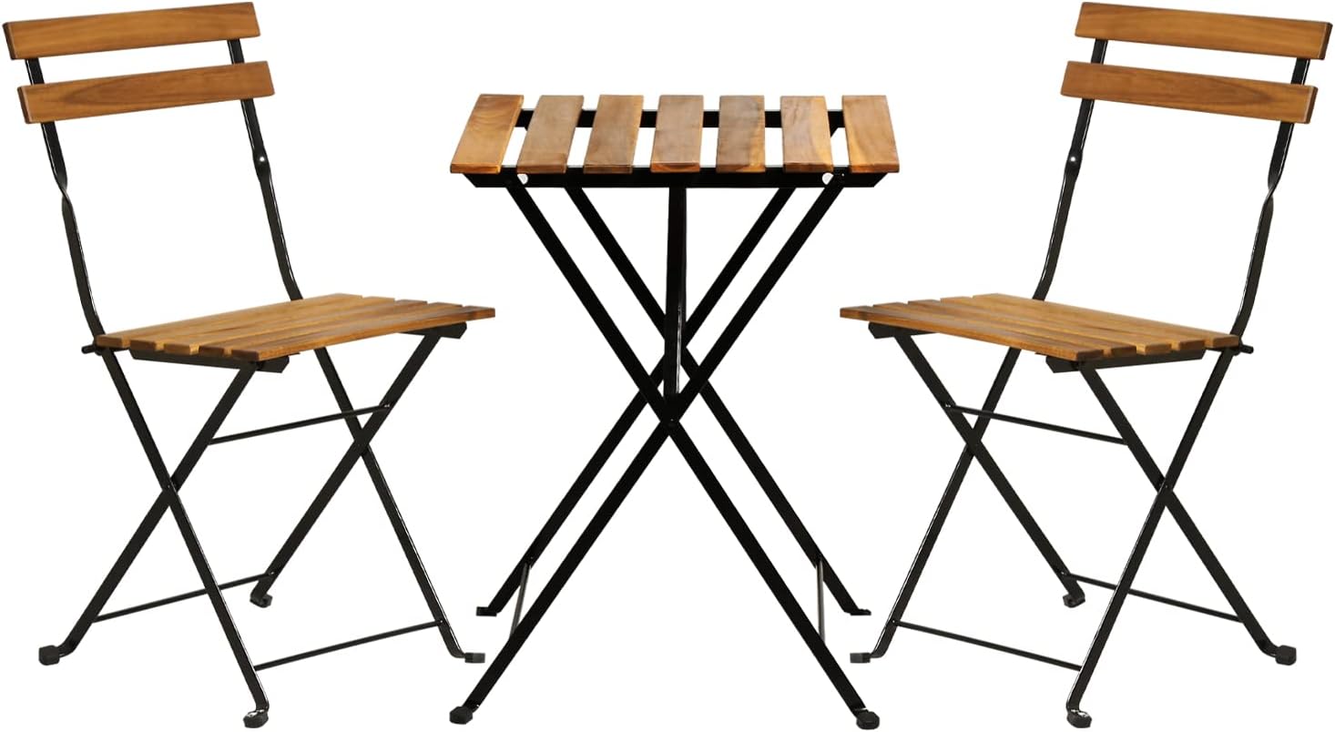 Outdoor Furniture Wood - ชุดโต๊ะบิสโทรพับได้ 3 ชิ้น ทำจากไม้ธรรมชาติ ประกอบด้วยโต๊ะ 1
