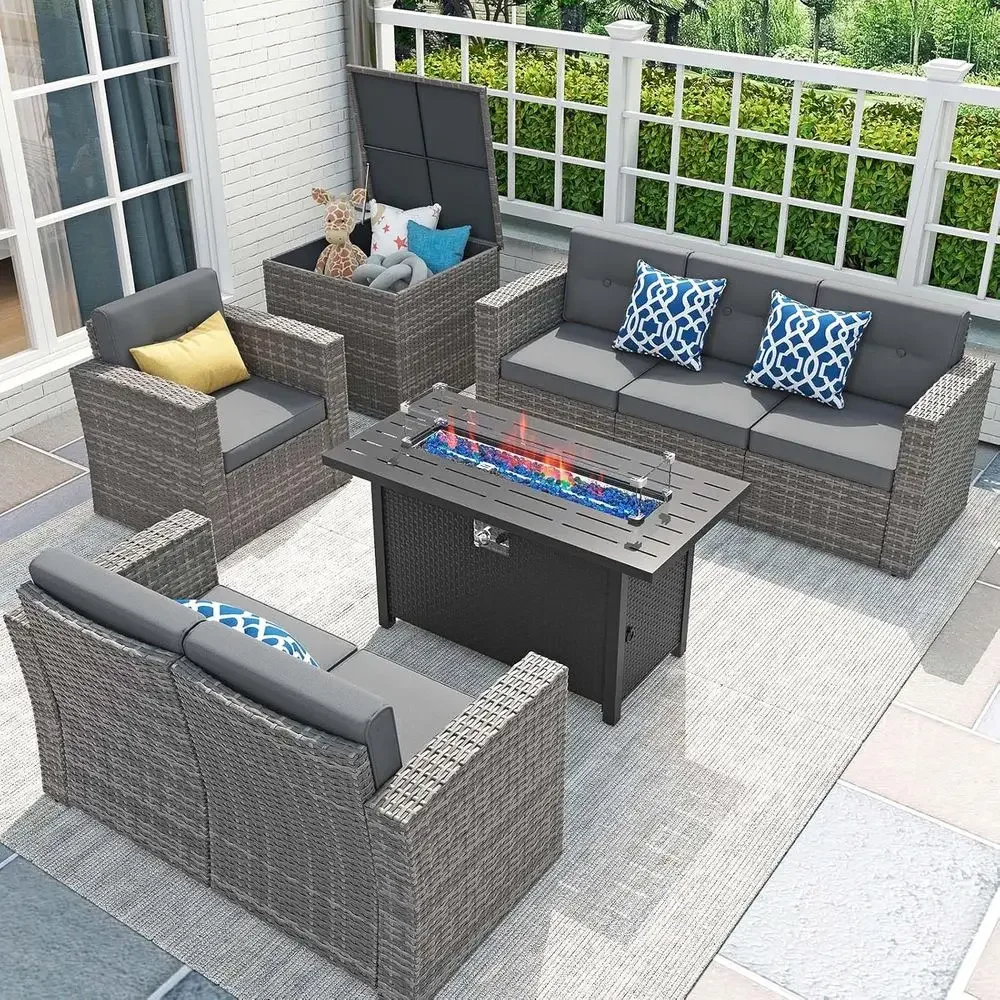 Outdoor Furniture Fire Pit - ชุดเฟอร์นิเจอร์ลานบ้าน 8 ชิ้น พร้อมโต๊ะเตาไฟ 45 นิ้ว,