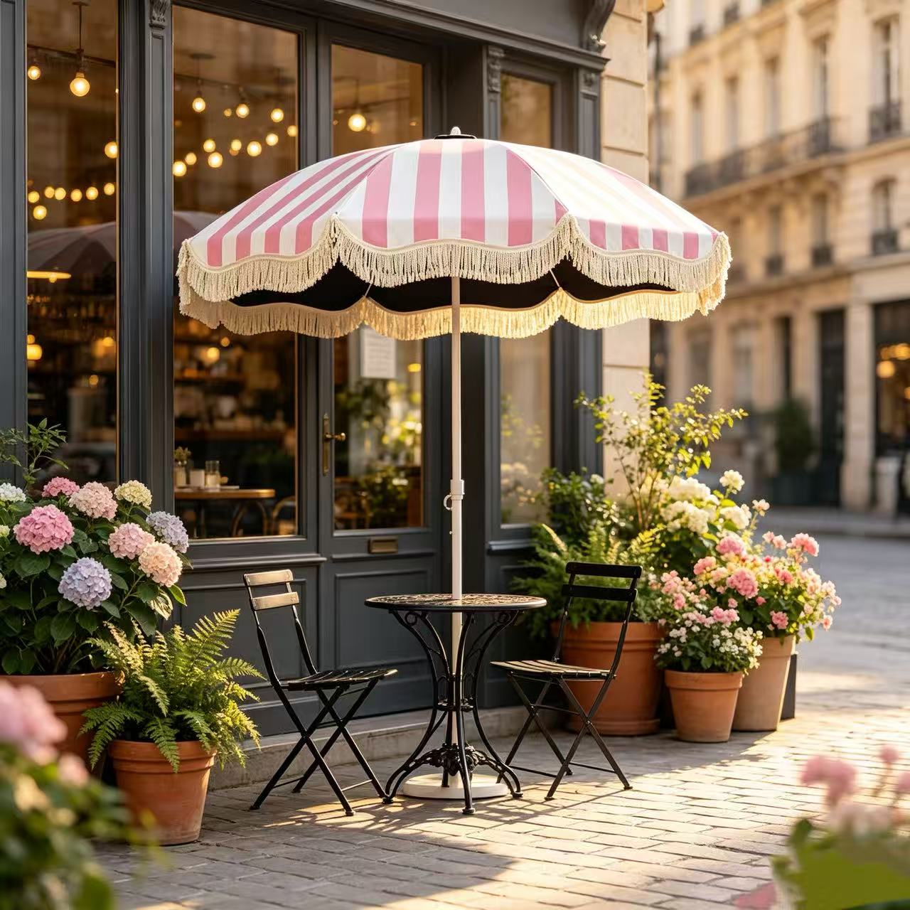 Outdoor Furniture Sunbrella - ร่มชายหาดตกแต่งพร้อมพู่ 1 ชิ้น, ร่มลายทางสีชมพูขาวเหลือง, ร่มกันแดดสำหรับลานกลางแจ้ง สวน
