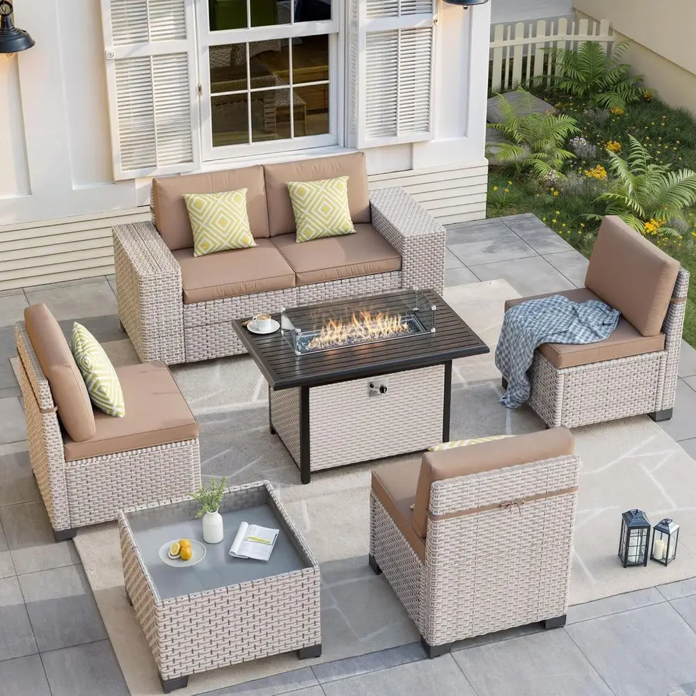 Outdoor Furniture Fire Pit - ชุดเฟอร์นิเจอร์กลางแจ้ง 7 ชิ้น พร้อมเตาผิง, โซฟาแบบแยกส่วนพร้อมโต๊ะกาแฟกระจก, โซฟาหวายสีคาคี