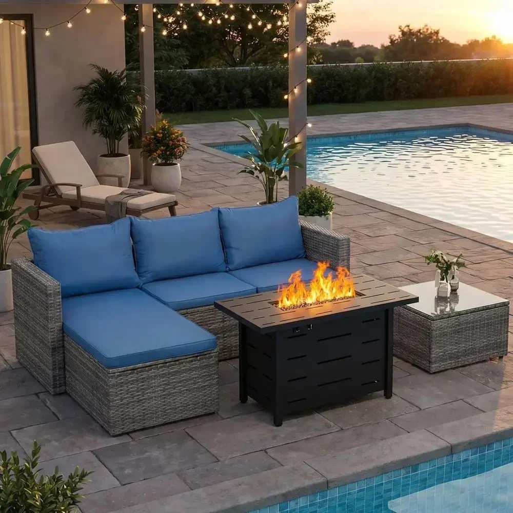 Outdoor Furniture Fire Pit - ชุดเฟอร์นิเจอร์หวายสำหรับลานกลางแจ้ง 4 ชิ้น พร้อมเตาไฟโพรเพนขนาด 43 นิ้ว